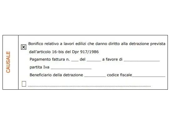 Esempio di causale corretta per bonifico con detrazione fiscale Bonus Sicurezza – modulo da compilare secondo normativa vigente Esempio di causale corretta per bonifico con detrazione fiscale Bonus Sicurezza – modulo da compilare secondo normativa vigente